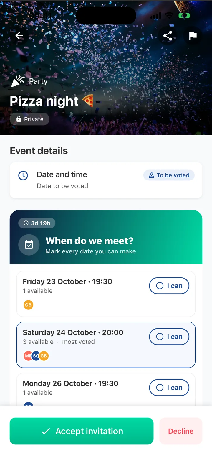 Togivy: date voting for a pizza night