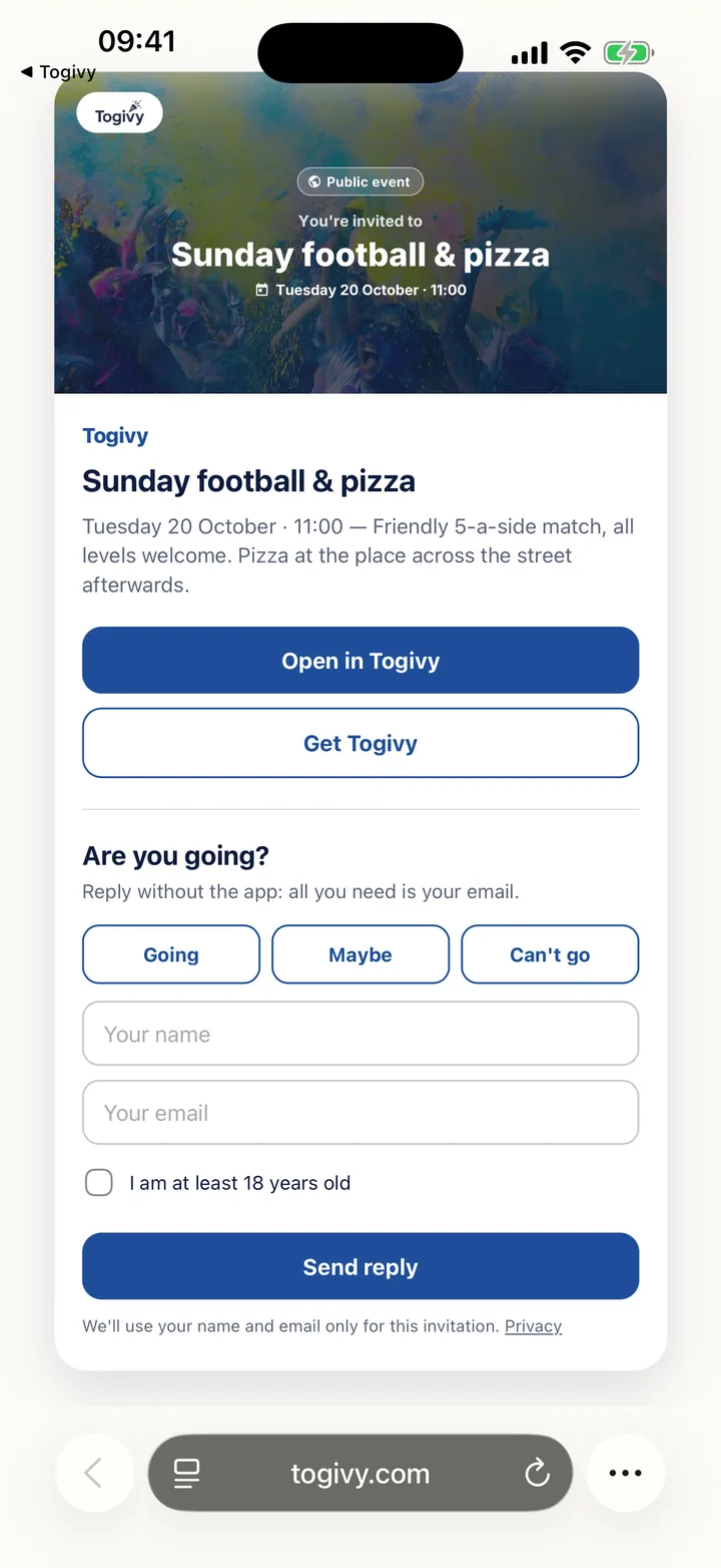 The web page to reply to an invitation without the app
